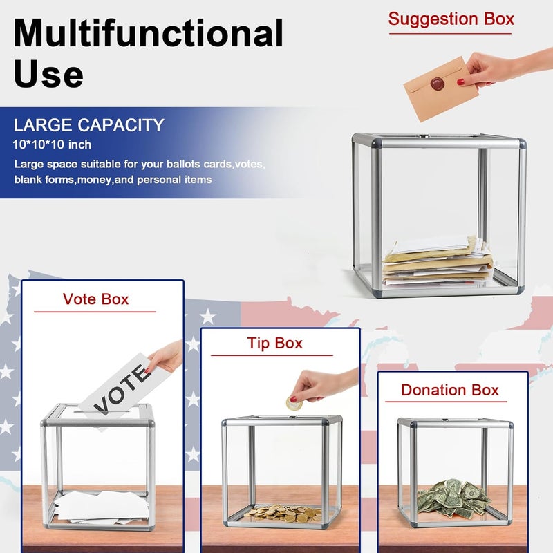 Craflakow Large Donation Box with Lock, Acrylic Ballot Box with Slot 10 x 10 x 10 Inch, Suggestion Box with Lock Cash Storage Container for Fundraising Voting Charity Contest Tip - Image 4